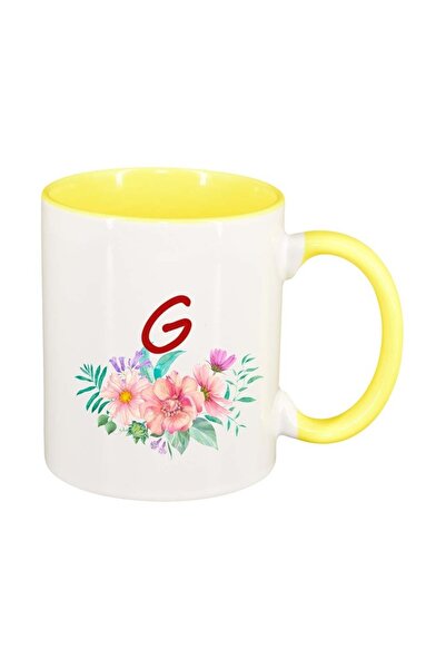 INOVATIX Εξατομικευμένη λευκή κούπα, Λουλούδια με αλφάβητο, κίτρινο εσωτερικό...