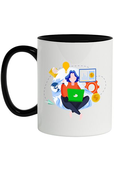 INOVATIX Personalized white mug, Laptop, Mail, Coin, Financial, Airplane, with Black Handle, INOVATIX®. 330ml