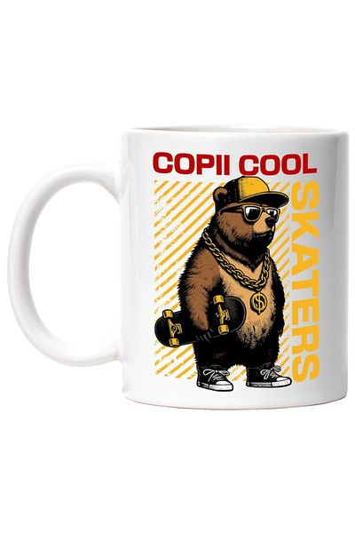 INOVATIX Personalized white mug, Cool Kids - Skateboarder Bear with Chain and Cap, INOVATIX®. 330ml
