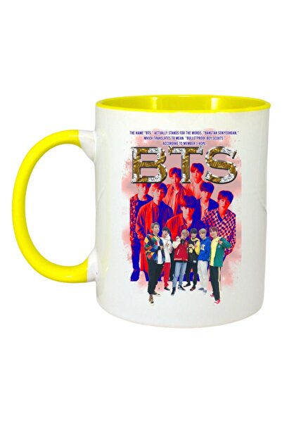 INOVATIX Персонализирана бяла чаша, Bts Band 5, жълта дръжка и вътрешност, ®....