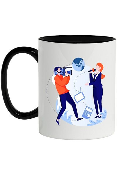 INOVATIX Personalized white mug, News, Report, Filming, Microphone, with Black Handle, INOVATIX®. 330ml