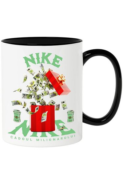 INOVATIX Personalized white mug, _Nike_ - Millionaire's Gift, with Black Handle, INOVATIX®. 330ml