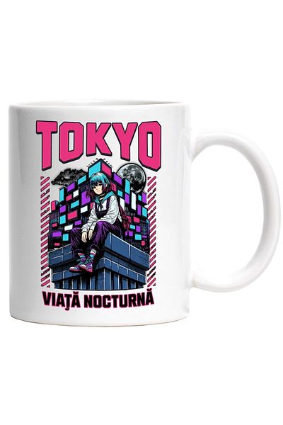 INOVATIX Personalized white mug, Girl On Blocks Full Moon Tokyo. Nightlife, INOVATIX®. 330ml