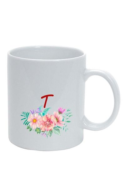 INOVATIX Personalized white mug, Flowers with alphabet, white, D950, INOVATIX®. 330ml