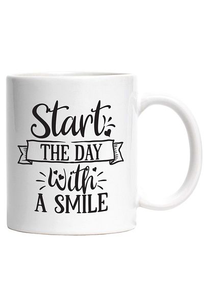 INOVATIX Personalized white mug, hearts and the phrase Start the day with a smile, INOVATIX®. 330ml
