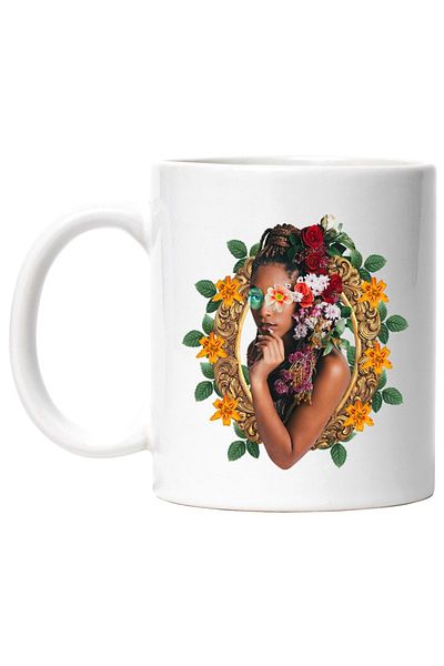 INOVATIX Personalized white mug, Frame, Portrait, Woman, Flowers, Sunglasses, Abstract, INOVATIX®. 330ml