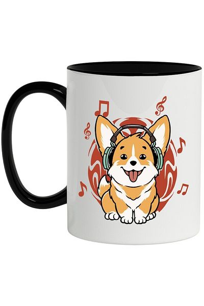 INOVATIX Personalized white mug, Corgi, Dog, Music, Headphones, with Black Handle, INOVATIX®. 330ml