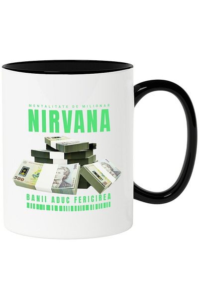 INOVATIX Personalized white mug, _Nirvana - Money Brings Happiness, with Black Handle, INOVATIX®. 330ml