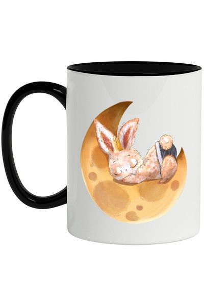 INOVATIX Personalized white mug, Moon, Rabbit, Sleeping, Sleep, Panties, with Black Handle, INOVATIX®. 330ml