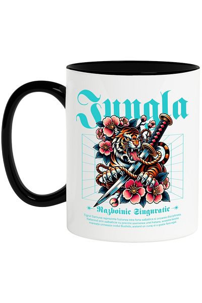 INOVATIX Personalized white mug, Samurai Tiger - Lone Warrior, with Black Handle, INOVATIX®. 330ml