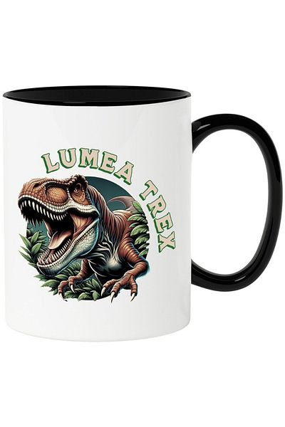 INOVATIX Personalized white mug, Angry T-rex Dinosaur with Red Fangs, with Black Handle, INOVATIX®. 330ml