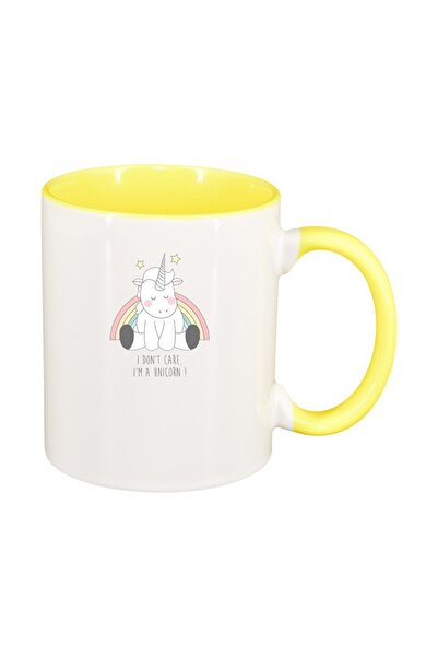 INOVATIX Персонализирана бяла чаша, I Don't Care - Unicorn, жълта вътрешност,...