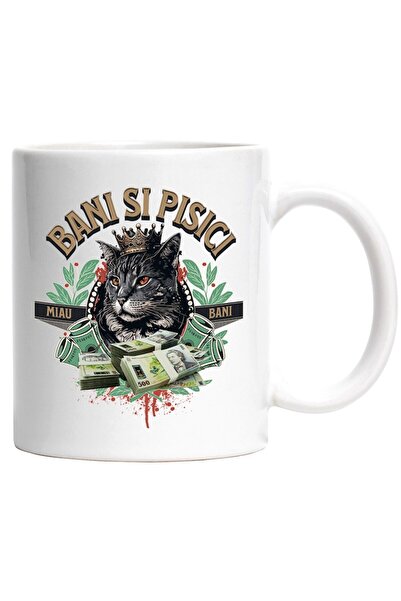 INOVATIX Cana alba personalizata, Bani si Pisici - Pisica cu Teanc de Bani Ro...