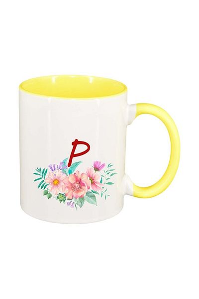 INOVATIX Personalized white mug, Flowers with alphabet, yellow interior, D948, INOVATIX®. 330ml