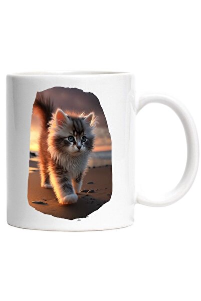 INOVATIX Cana alba personalizata, Pui De Pisica, Plaja, Nisip, Apus, Lumina S...