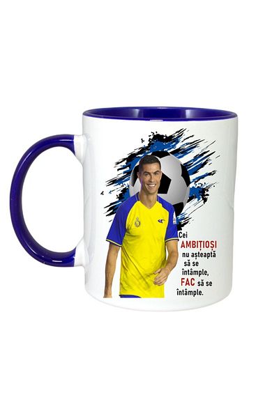INOVATIX Cana Alba Personalizata, Ronaldo Ambitios, Maner Si Interior Albastru, ®. 330ml