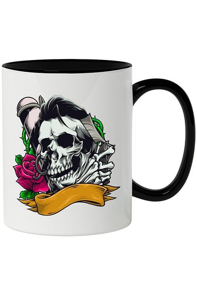 INOVATIX Personalized white mug, Skull, Rose, Barbershop, with Black Handle, INOVATIX®. 330ml