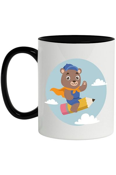 INOVATIX Personalized white mug, Bear, Pencil, Cap, Clouds, with Black Handle, INOVATIX®. 330ml