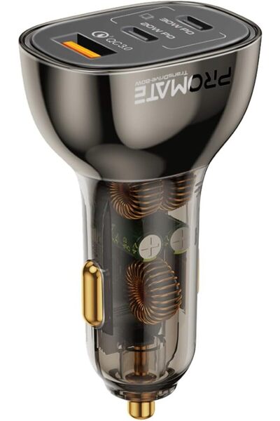 Promate TransDrive-80W Transparent Multi-Port Car Charger (Dual USB-C PD, QC 3.0 USB-A)