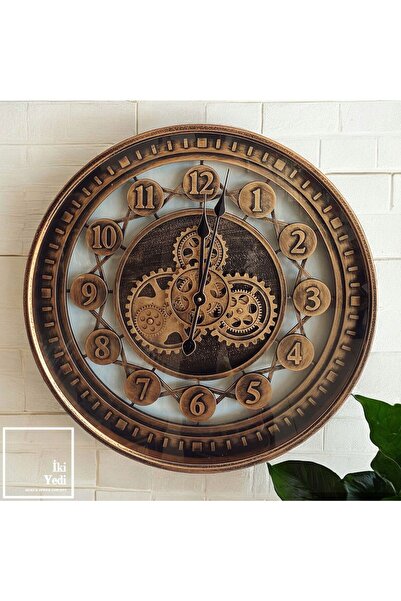 77 Omerta 60 cm Döner Çarklı Metal Duvar Saati, Mekanik Bakır Bronz Saat, Lük...