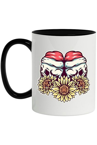 INOVATIX Personalized white mug, Sunflower, Skulls, Santa Claus hat, with Black Handle, INOVATIX®. 330ml