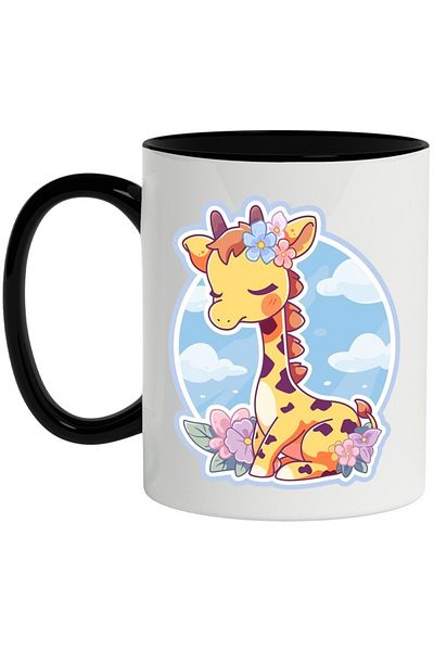 INOVATIX Personalized white mug, Giraffe, Flowers, Leaves, Clouds, with Black Handle, INOVATIX®. 330ml