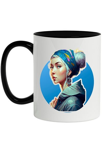 INOVATIX Personalized white mug, Girl, Portrait, Earring, Scarf, Jacket, with Black Handle, INOVATIX®. 330ml