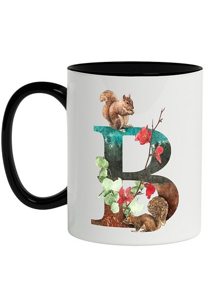 INOVATIX Personalized white mug, Letter, B, Squirrels, Flowers, Leaves, with Black Handle, INOVATIX®. 330ml