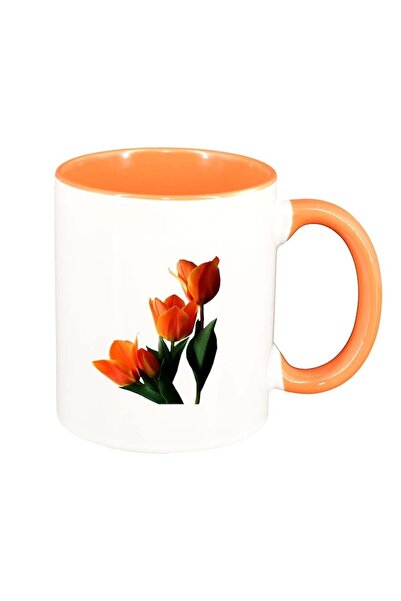 INOVATIX Персонализирана бяла чаша, Лале, оранжева вътрешност, D361, INOVATIX...