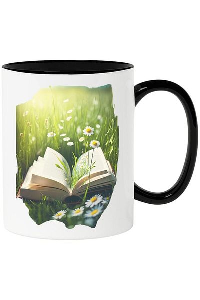 INOVATIX Personalized white mug, Flowers Rising from the Book, Field of Flowers, with Black Handle, INOVATIX®. 330ml