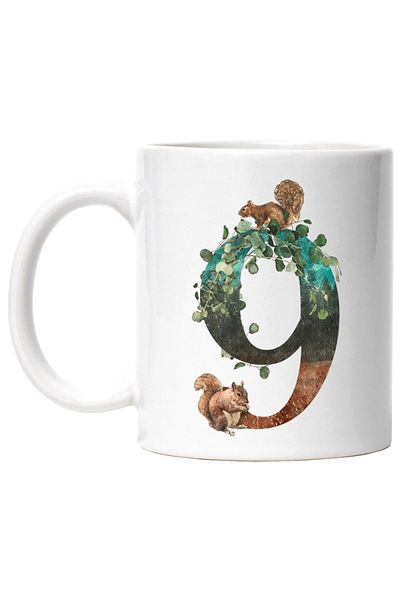 INOVATIX Personalized white mug, Number, 9, Squirrels, Nature, Animals, Leaves, INOVATIX®. 330ml