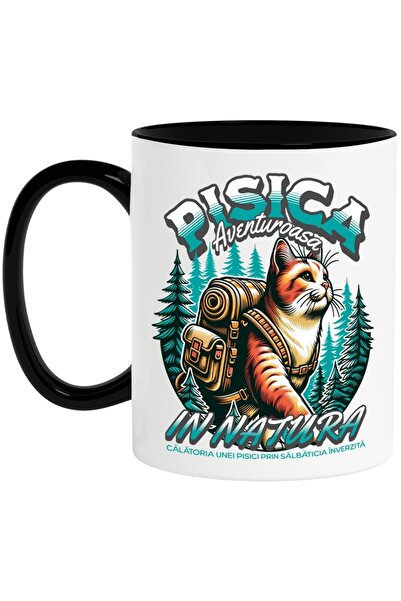 INOVATIX Cana alba personalizata, Pisica aventuroasa-In natura, cu Maner Negr...