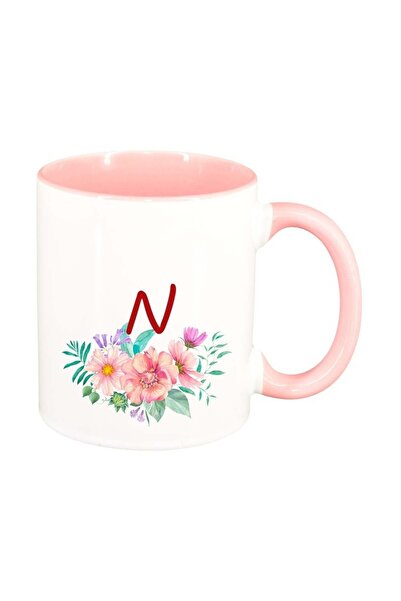 INOVATIX Персонализирана бяла чаша, Цветя с азбука, розова вътрешност, D946, ...