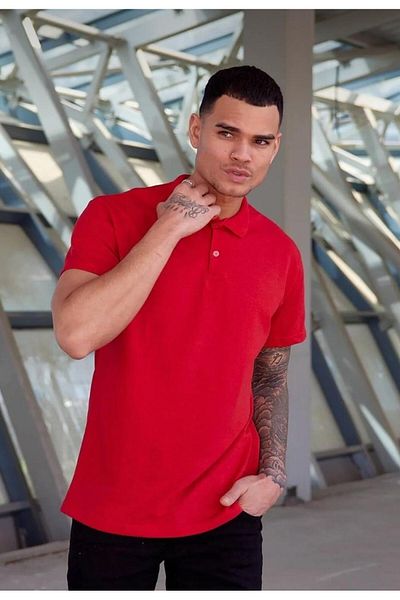 BAGİSTA BUTİK Unisex Red Short Sleeve Polo Neck 100% Cotton Lakos