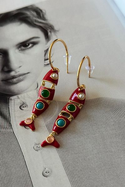 Trendy Butik Red Enamel Fish Earrings
