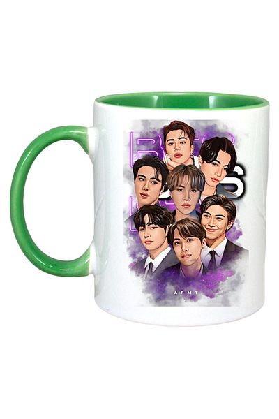 INOVATIX Personalized White Mug, Bts Army Band, Green Handle and Interior, ®. 330ml