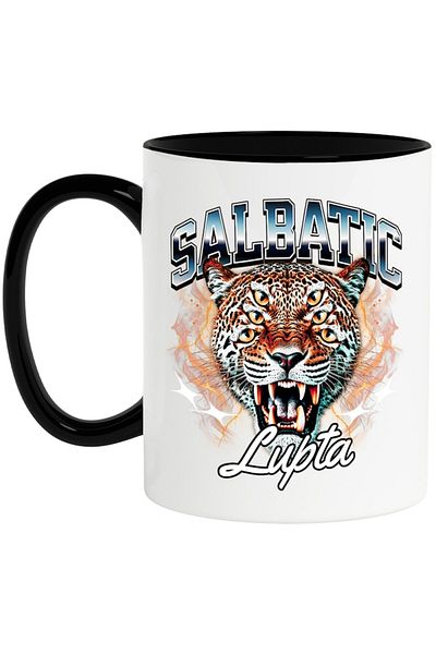 INOVATIX Personalized white mug, Wild Leopard with 6 Eyes - Fight, with Black Handle, INOVATIX®. 330ml