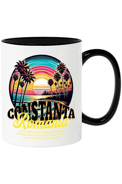 INOVATIX Personalized white mug, Constanta Beach, Romania, with Black Handle, INOVATIX®. 330ml