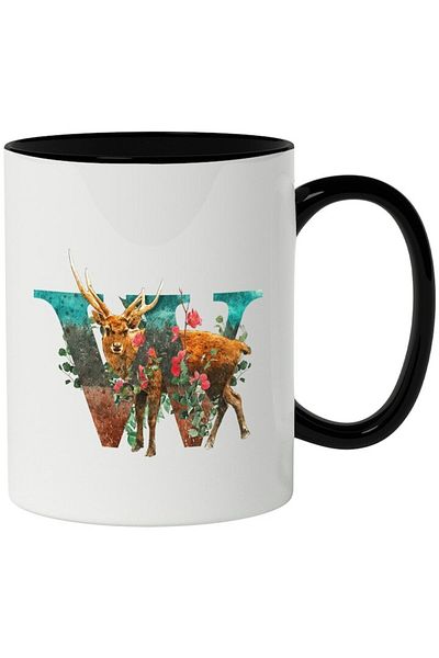INOVATIX Personalized white mug, Letter, W, Deer, Flowers, with Black Handle, INOVATIX®. 330ml