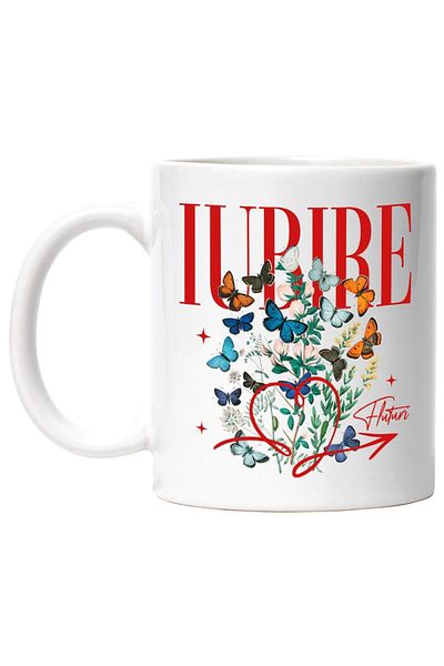 INOVATIX Personalized white mug, Colorful Butterflies Green Plant Love Red Heart, INOVATIX®. 330ml