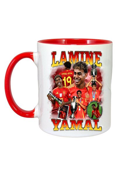 INOVATIX Personalized White Mug, Lamine Yamal Spain Cup, Red Handle and Interior, ®. 330ml