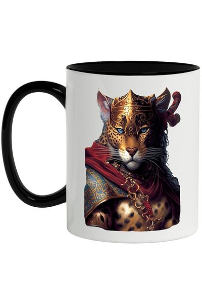 INOVATIX Personalized white mug, Leopard, Fighter, Armor, Gold, with Black Handle, INOVATIX®. 330ml