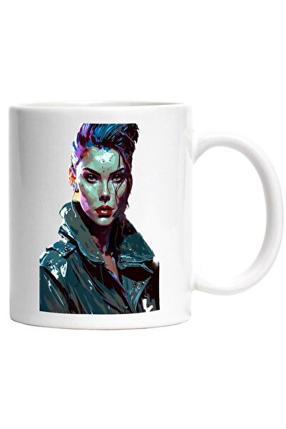 INOVATIX Εξατομικευμένη λευκή κούπα, Γυναίκα, Πορτρέτο, Δερμάτινο Μπουφάν, Βα...