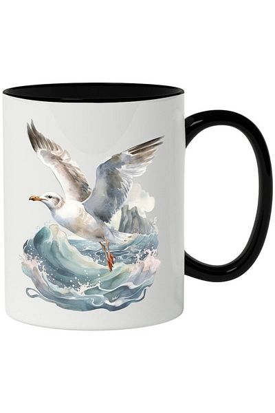 INOVATIX Personalized white mug, Seagull, Water, Sea, Waves, Bird, with Black Handle, INOVATIX®. 330ml