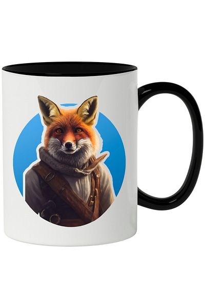 INOVATIX Personalized white mug, Fox, Vest, SF, Collar, Animal, with Black Handle, INOVATIX®. 330ml