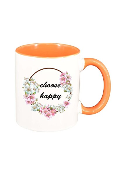 INOVATIX Cana alba personalizata, Flori, Happy, interior portocaliu, D1039, I...