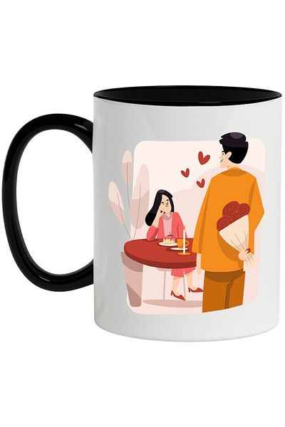 INOVATIX Personalized white mug, Couple, Dinner, Hearts, Flower Bouquet, Cake, with Black Handle, INOVATIX®. 330ml
