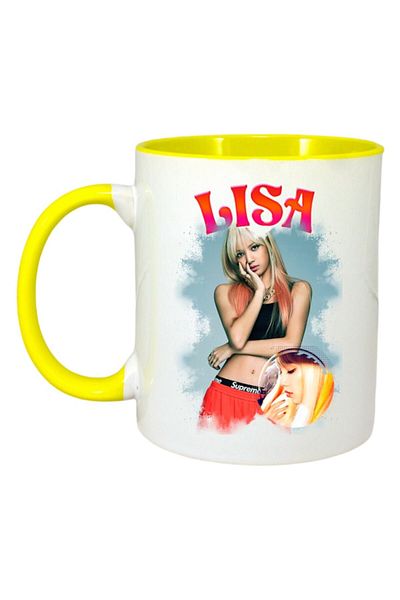 INOVATIX Personalized White Mug, Lisa 3 Band, Yellow Handle and Interior, ®. 330ml