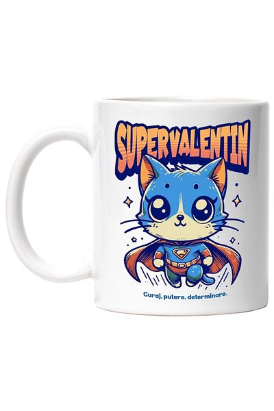 INOVATIX Personalized white mug, Super Valentine, Superhero, Flying Cat, INOVATIX®. 330ml