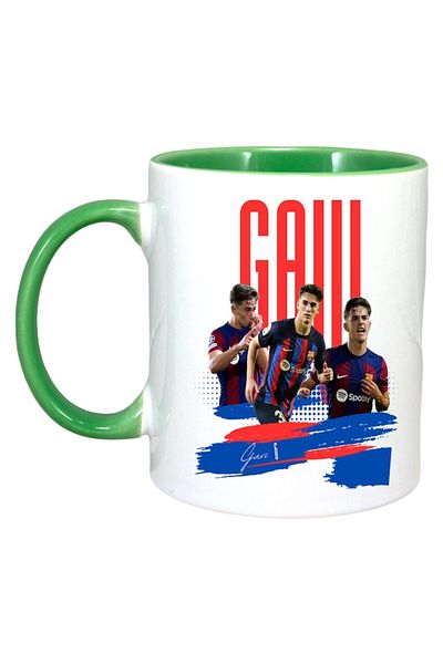 INOVATIX Personalized White Mug, Gavi Barcelona Player, Green Handle and Interior, ®. 330ml